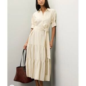 Marissa Webb Cream Linen Midi Dress Size 10 Cottage Ruffle Striped Designer $400